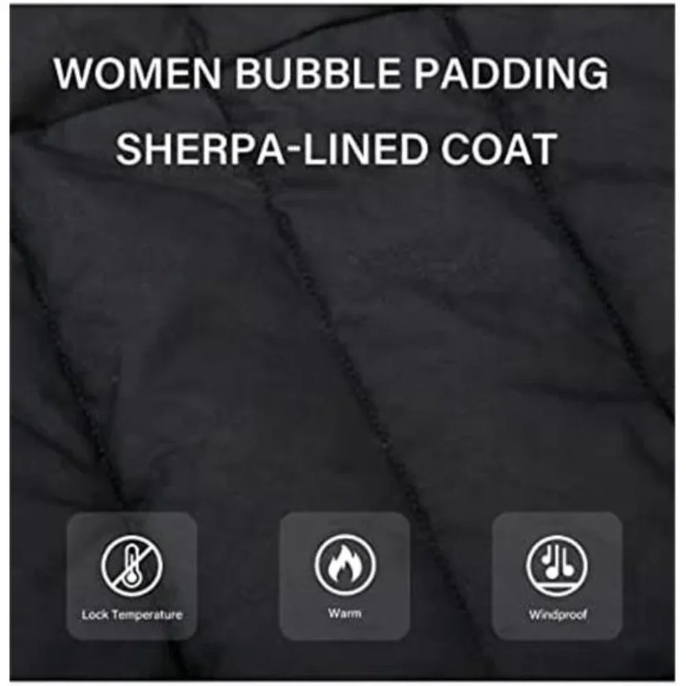 Women's Puffer Jacket Faux Leather Bubble Padding Sherpa-Lined Coat, Black - Picture 5 of 6